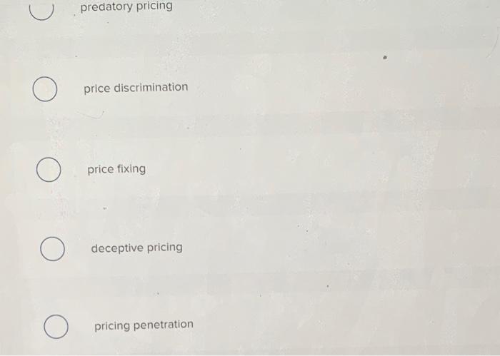 C predatory pricing O price discrimination O
