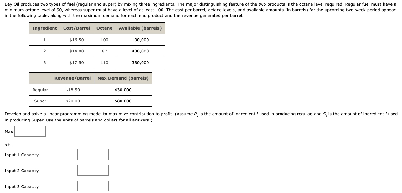 Bay Oil produces two types of fuel (regular and