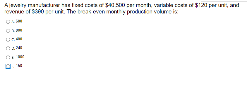 A jewelry manufacturer has fixed costs of $40,500