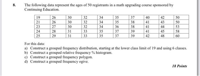 8. The following data represent the ages of 50