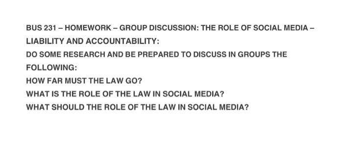 BUS 231 - HOMEWORK - GROUP DISCUSSION: THE ROLE