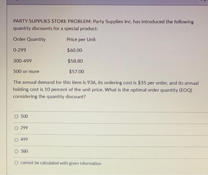 PARTY SUPPLIES STORE PROBLEM: Party Supplies Inc.