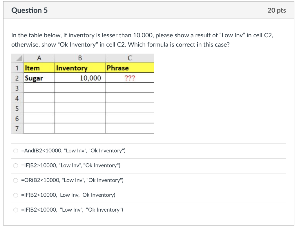 Question 5 20 pts In the table below, if