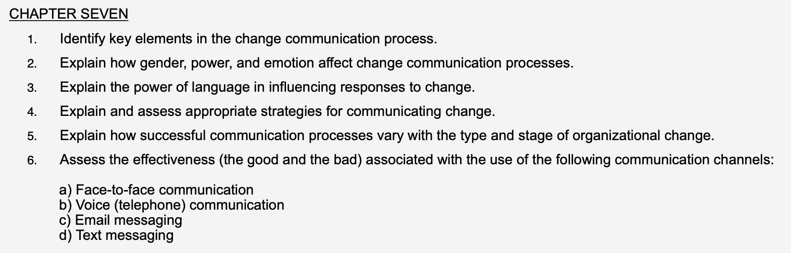 CHAPTER SEVEN 1. Identify key elements in the