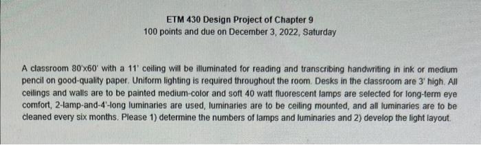 ETM 430 Design Project of Chapter 9 100 points