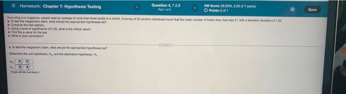 Save = Homework: Chapter 7: Hypothesis Tosting
