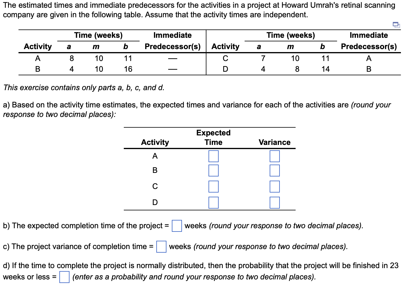 The estimated times and immediate predecessors