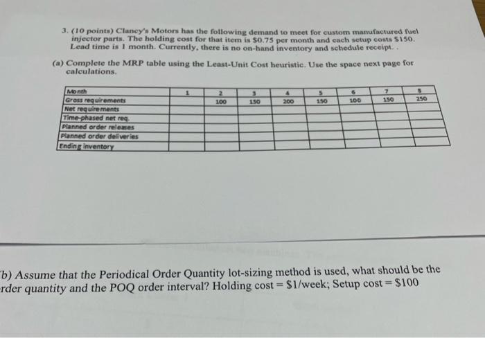 3. (10 points) Clancy's Motors has the following