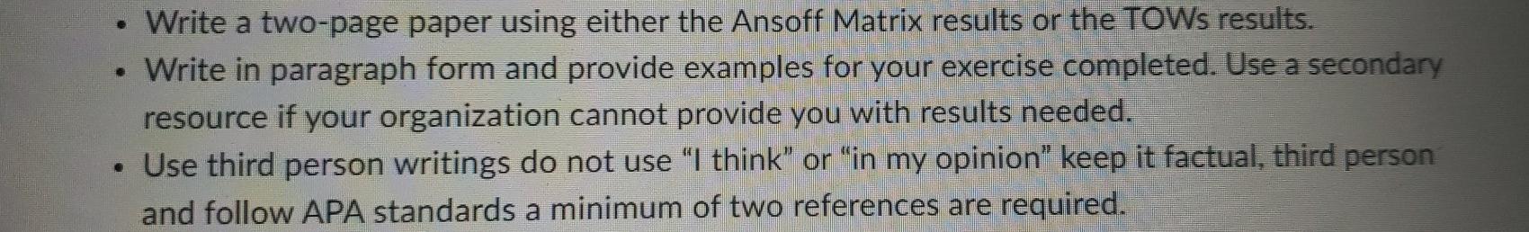 Write a two-page paper using either the Ansoff