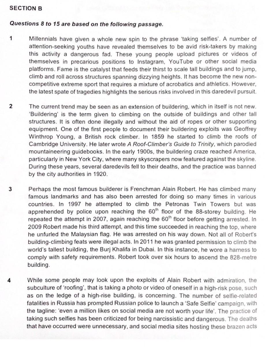 Please answer all : 1 - 10 SECTION B Questions 8