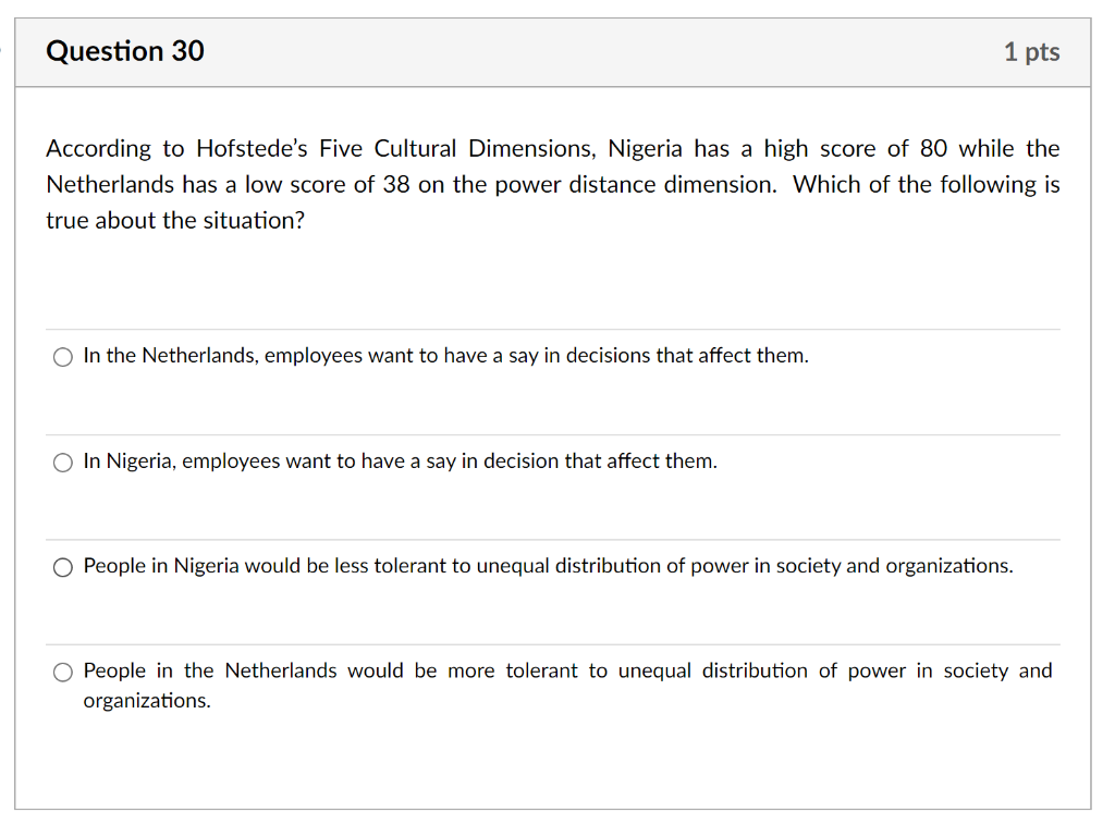 According to Hofstede's Five Cultural Dimensions,