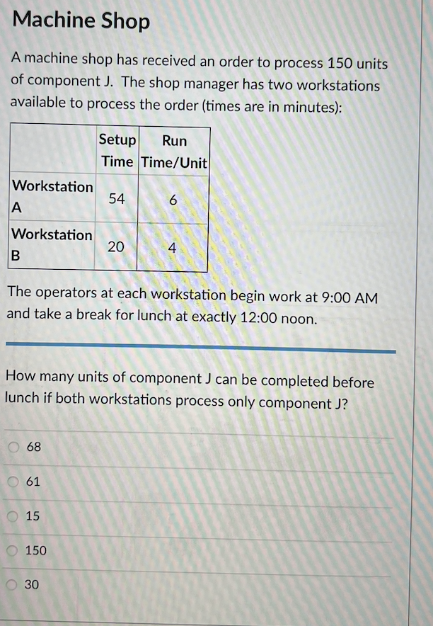 Machine Shop A machine shop has received an order