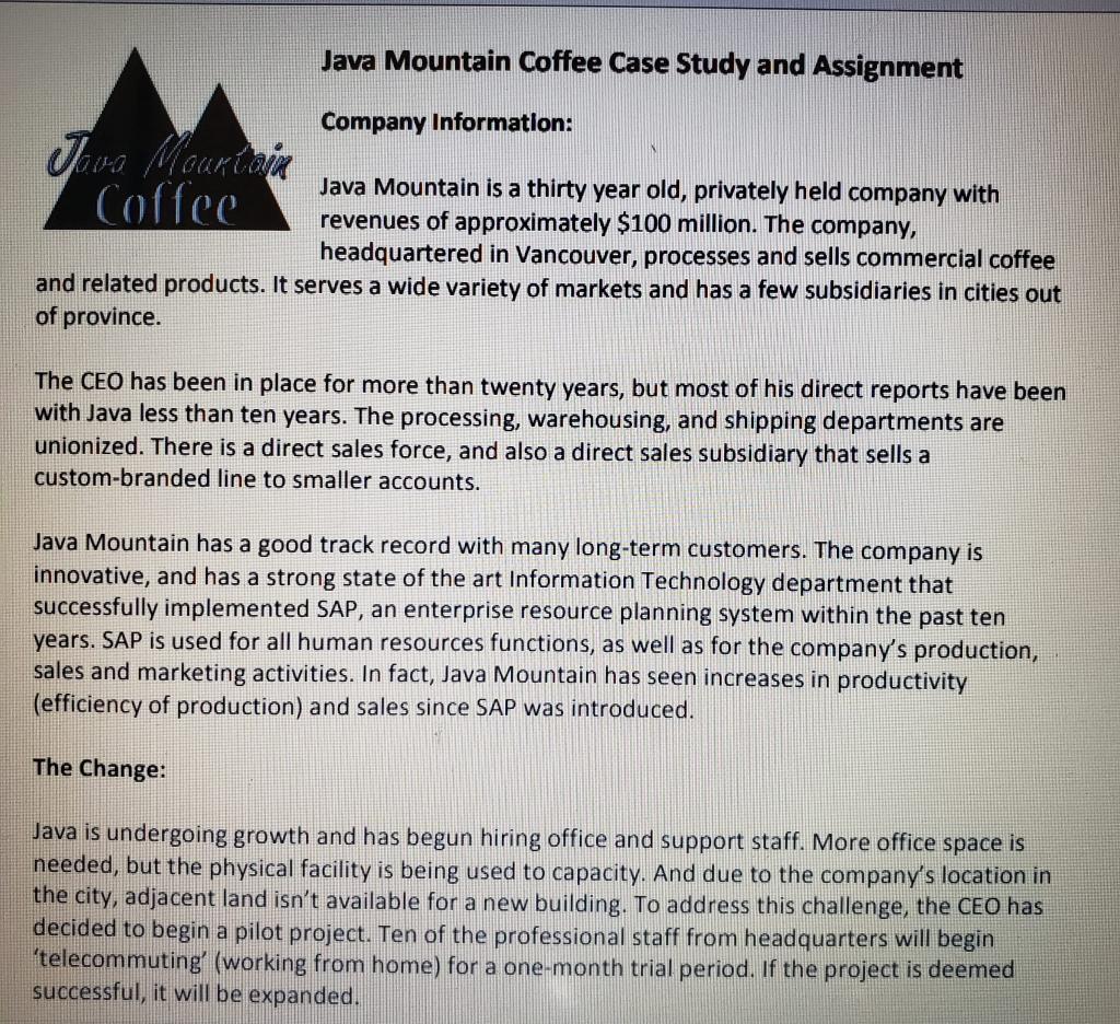 Java Mountain Coffee Case Study and Assignment
