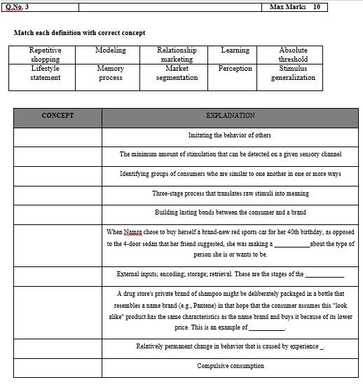 Q.No.3 Max Marks 10 Match each definition with