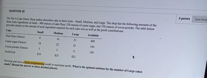 QUESTION 20 5 points Save Answe The Pat-A-Cake
