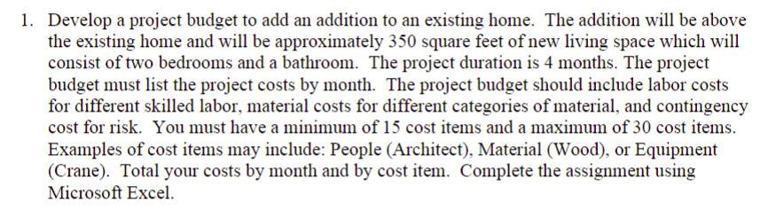 1. Develop a project budget to add an addition to