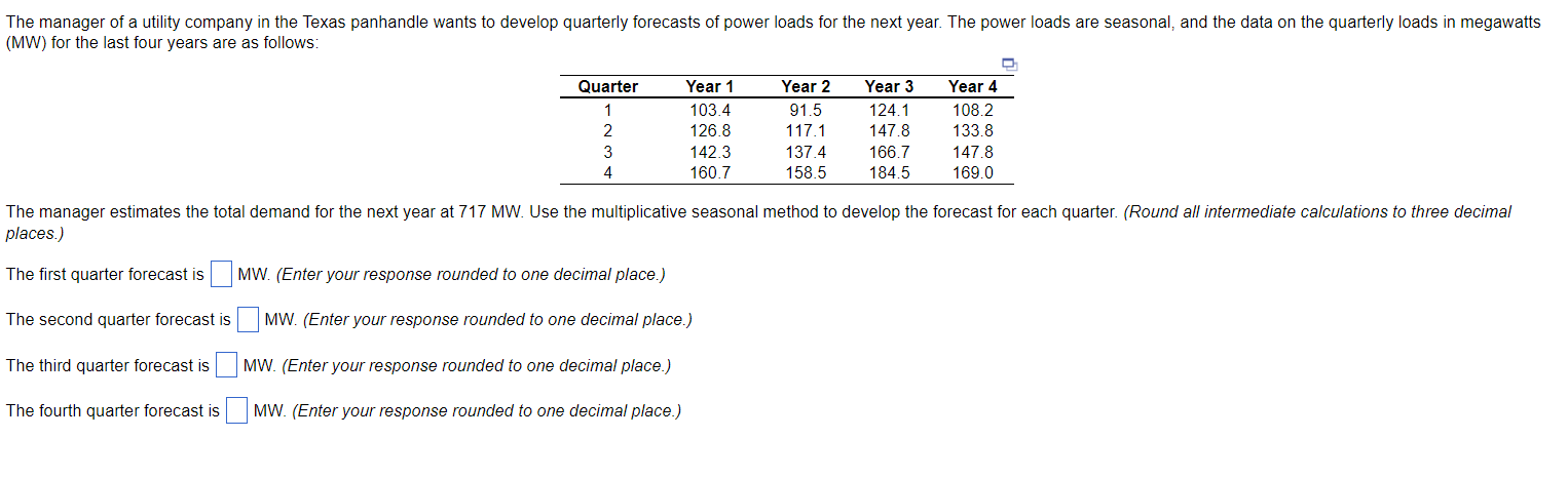 laces.) he first quarter forecast is MW. (Enter