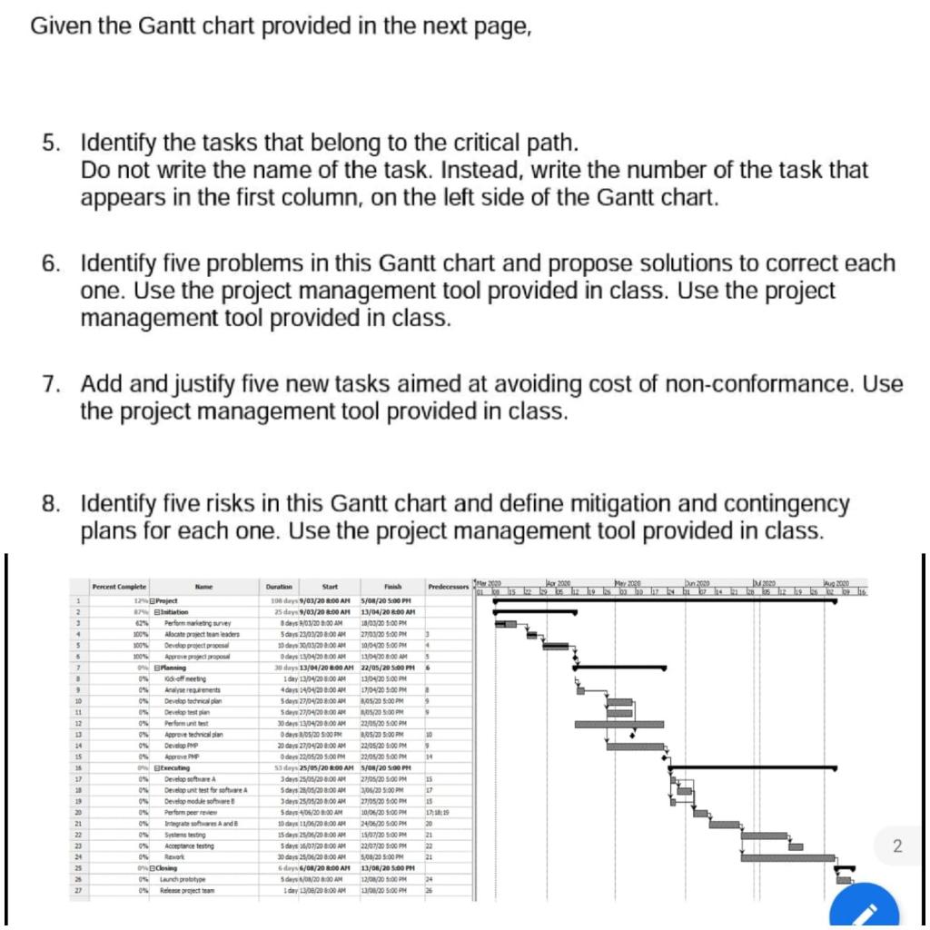 Given the Gantt chart provided in the next page,
