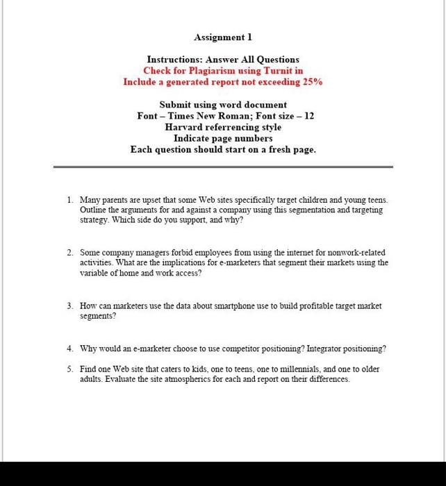 Assignment 1 Instructions: Answer All Questions