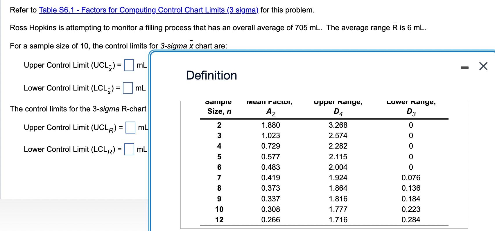 Refer to Table S6.1 - Factors for Computing