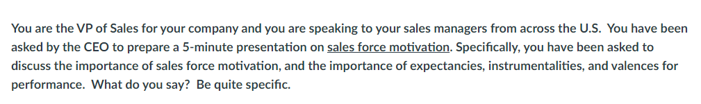 You are the VP of Sales for your company and you