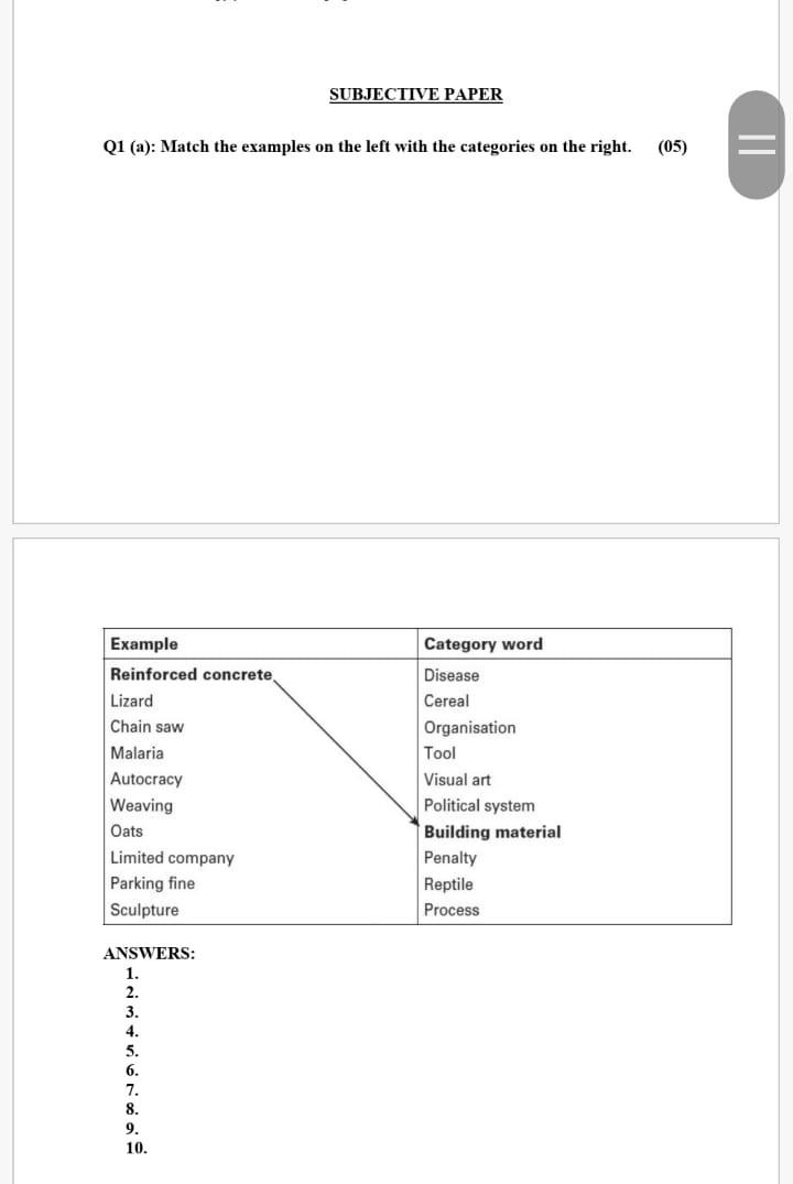 match the following SUBJECTIVE PAPER Q1 (a):