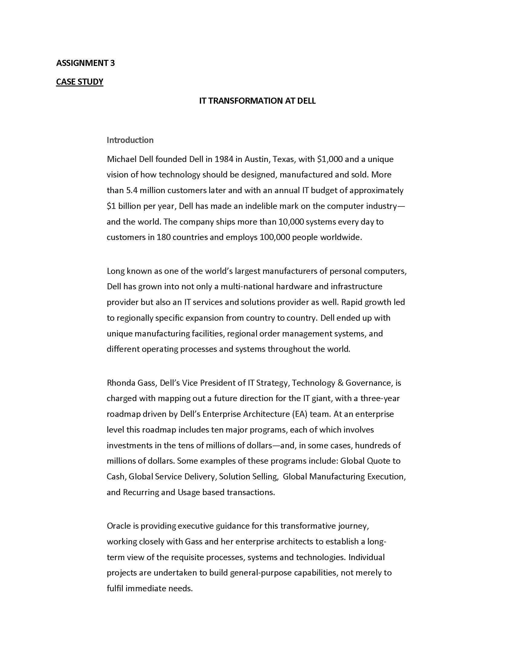 IT TRANSFORMATION AT DELL Introduction Michael