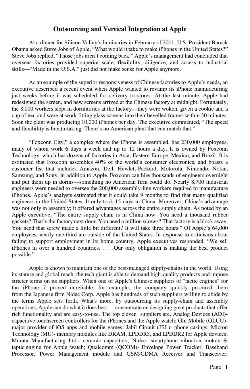 Outsourcing and Vertical Integration at Apple At