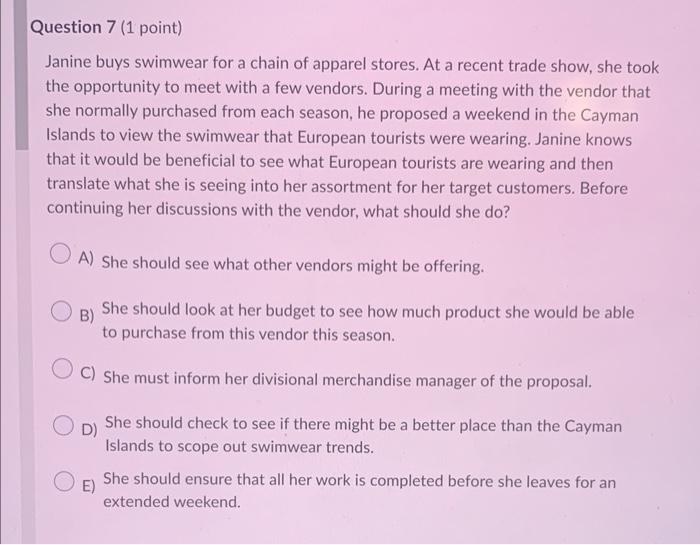 Janine buys swimwear for a chain of apparel