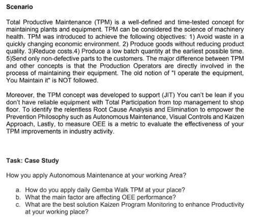 Total Productive Maintenance (TPM) is a
