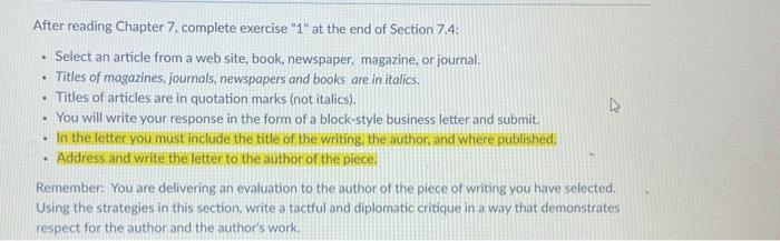 . . . After reading Chapter 7, complete exercise