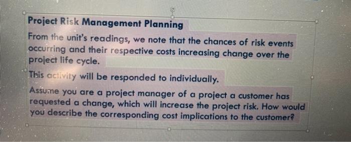 Project Risk Management Planning From the unit's