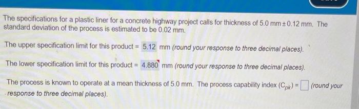 The specifications for a plastic liner for a