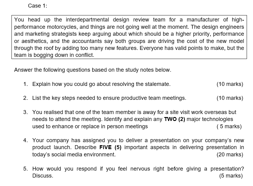 Case 1: You head up the interdepartmental design