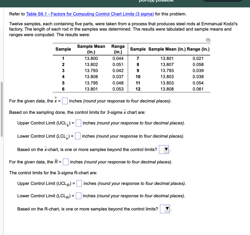 Twelve samples, each containing five parts, were
