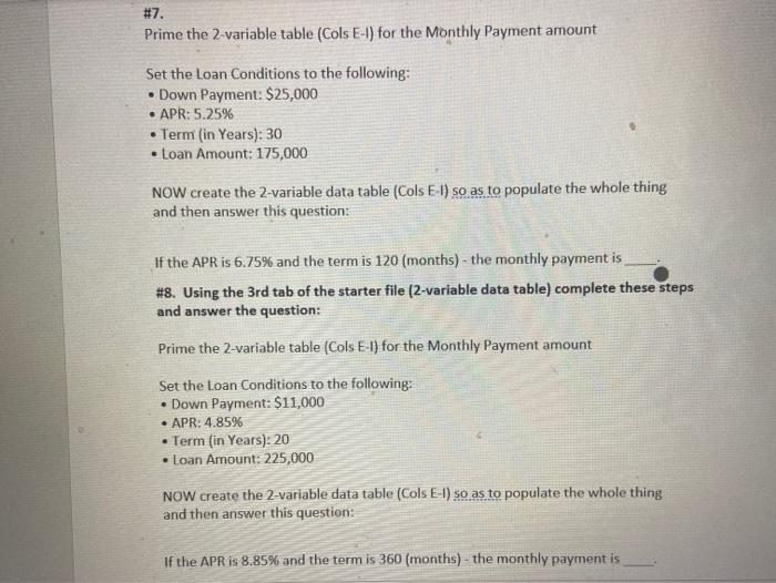 on excel #7. Prime the 2 variable table (Cols
