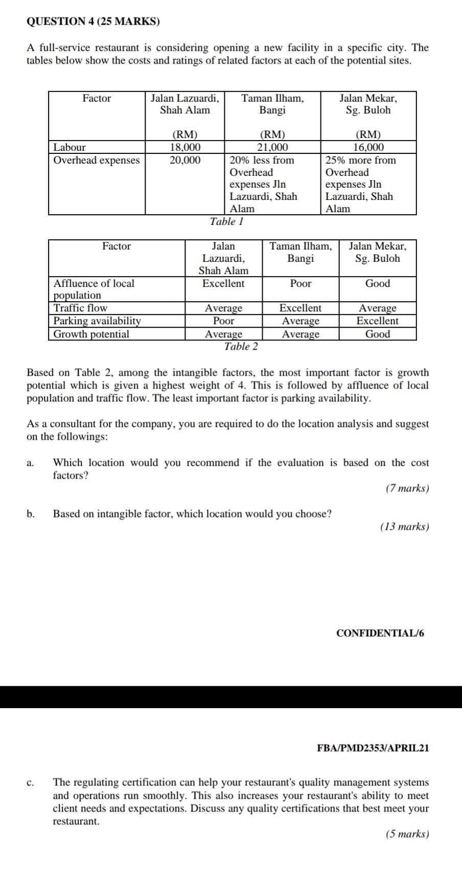 QUESTION 4 (25 MARKS) A full-service restaurant