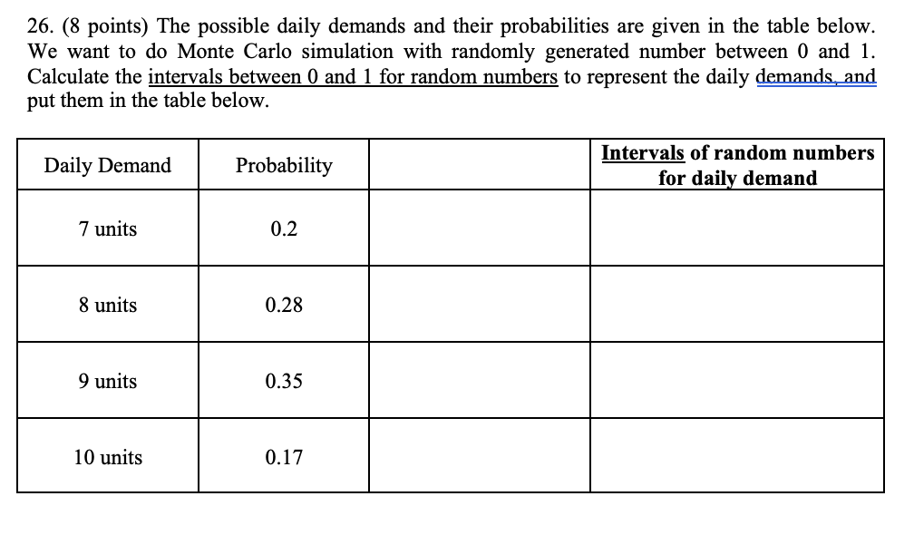 26. (8 points) The possible daily demands and