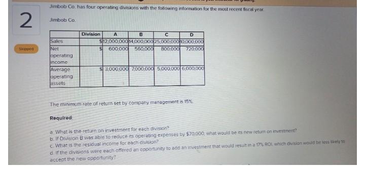 Jimbob Co. has four operating divisions with the