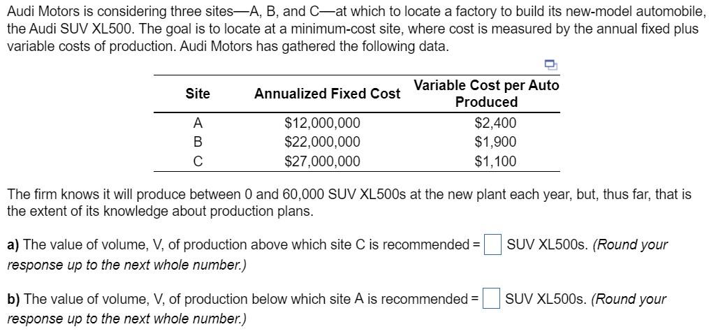 Audi Motors is considering three sites-A, B, and