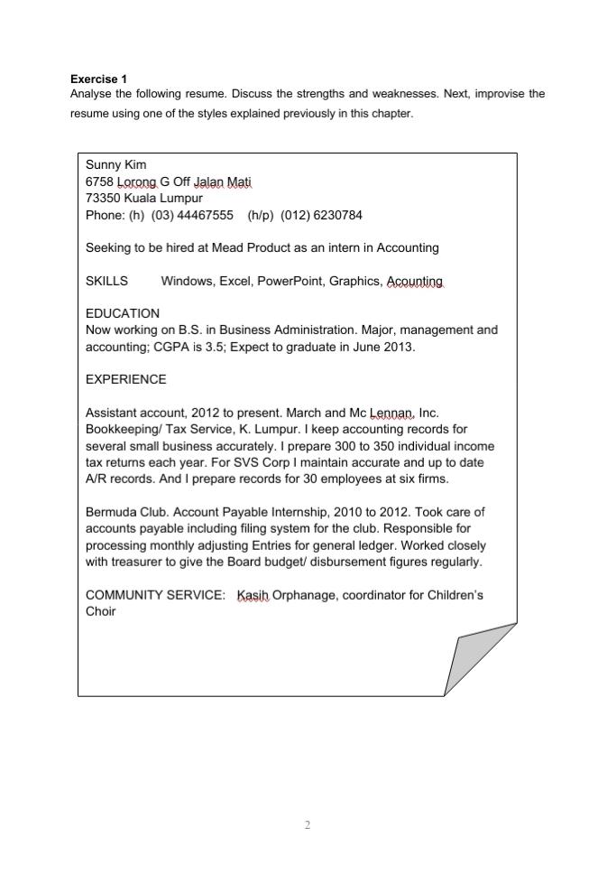 Exercise 1 Analyse the following resume. Discuss