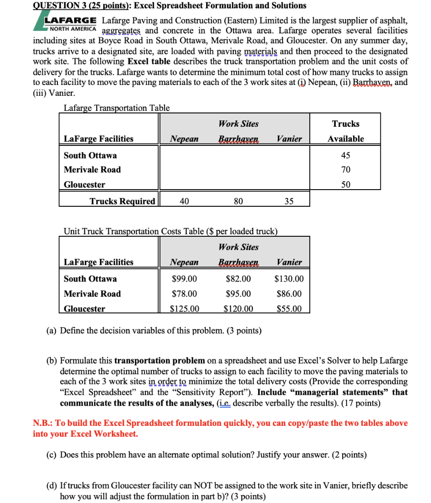 QUESTION 3 (25 points): Excel Spreadsheet