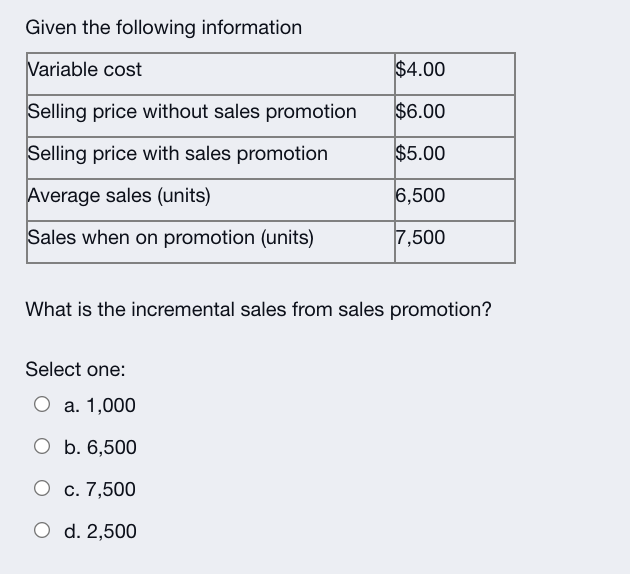 Given the following information Variable cost