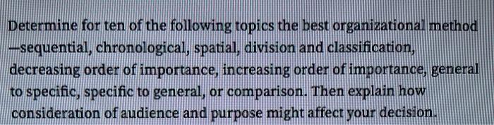 Determine for ten of the following topics the