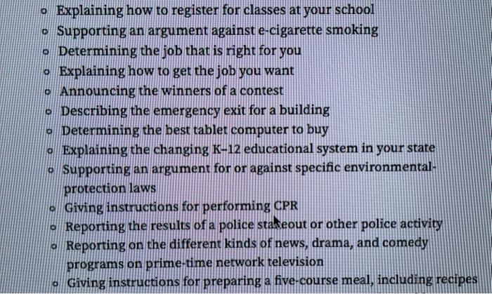 Determine for ten of the following topics the