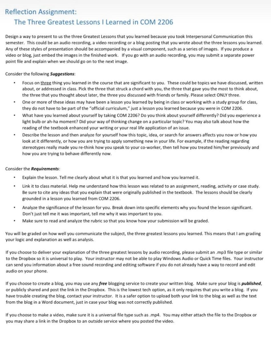 Reflection Assignment: The Three Greatest Lessons