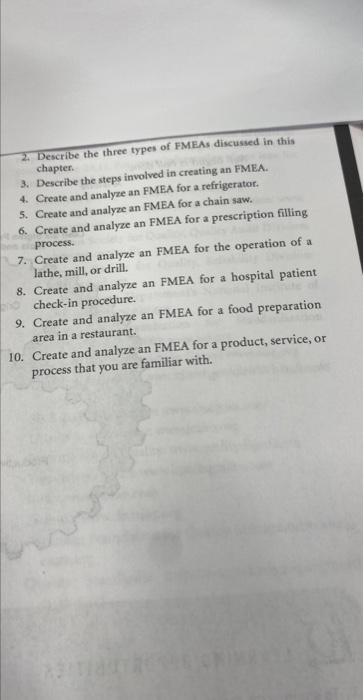 2. Describe the three types of FMEAs discussed in