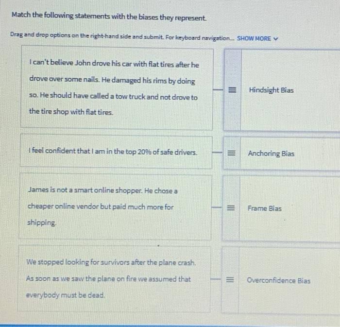 Match the following statements with the biases