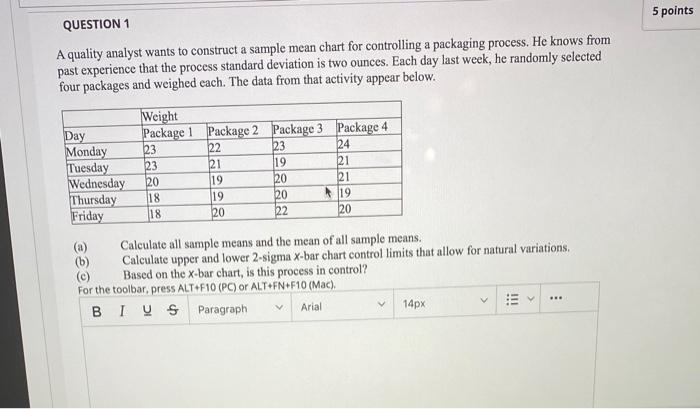 5 points QUESTION 1 A quality analyst wants to