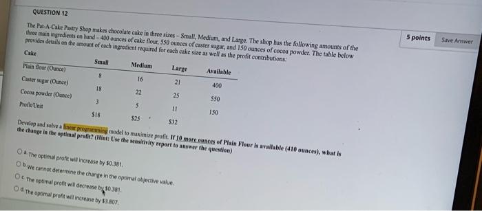 5 points Save Answer QUESTION 12 The Pat-A-Cake